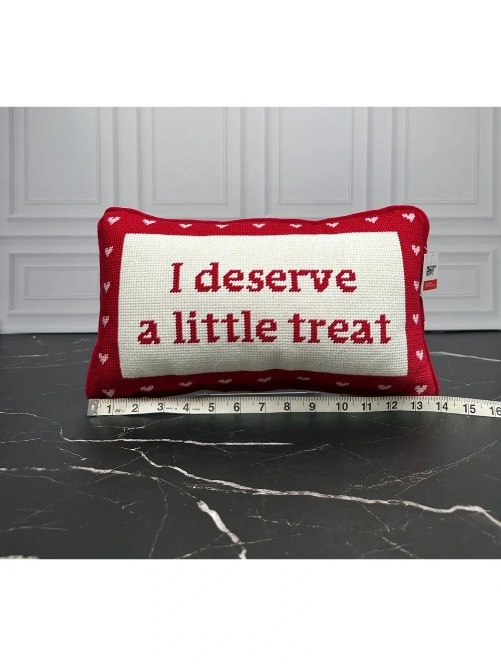 Red and White Decorative Pillow with 'I Deserve a Little Treat' Embroidery, 14x8